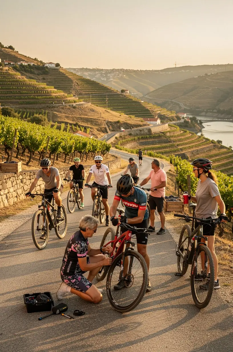 Support vehicles assisting cyclists during organized group rides.